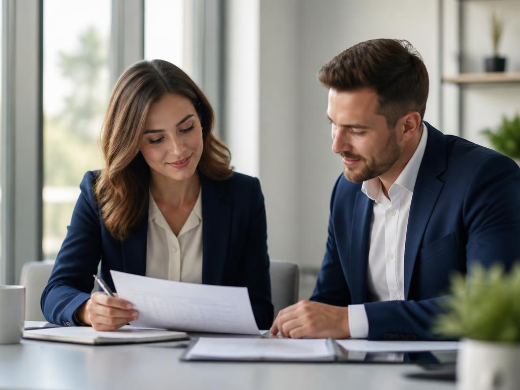 Deux professionnels de l'équipe Dows examinent des documents ensemble dans un bureau lumineux