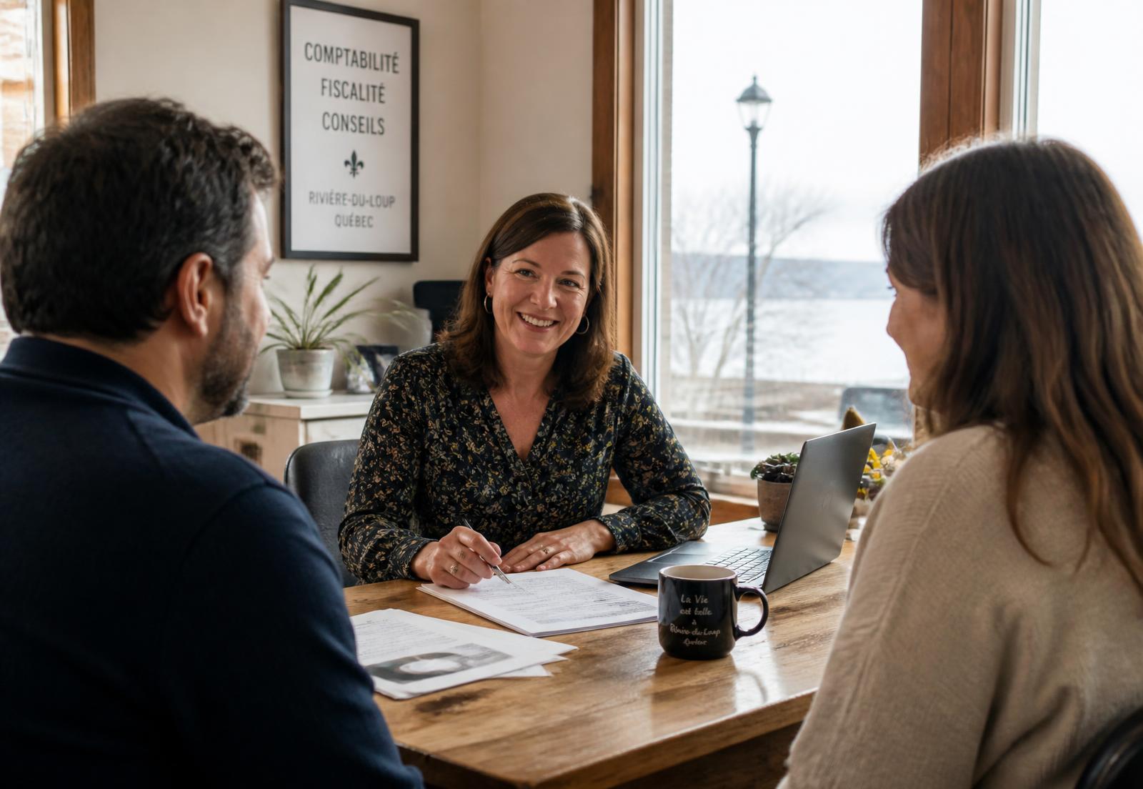 Une comptable explique une déclaration de revenus à ses clients