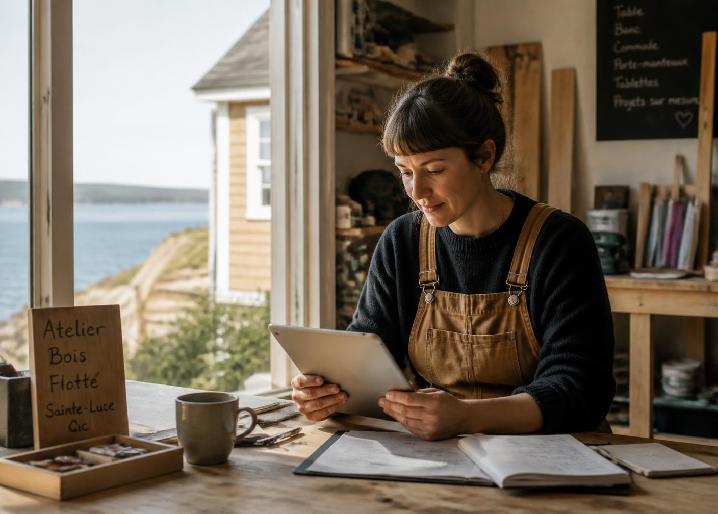 Une travailleuse autonome vérifie sa facturation sur une tablette dans son atelier au bord de la mer